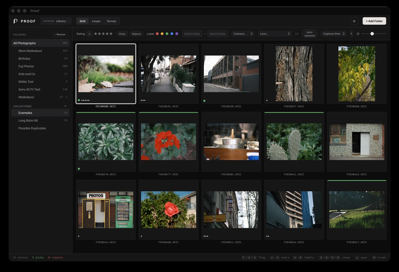 Proof Mac app with a folder-based photo grid, flags and ratings